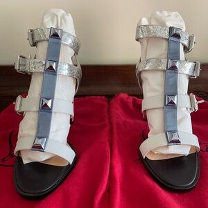 Christian Louboutin Silver and White Sandals with Adjustable Straps